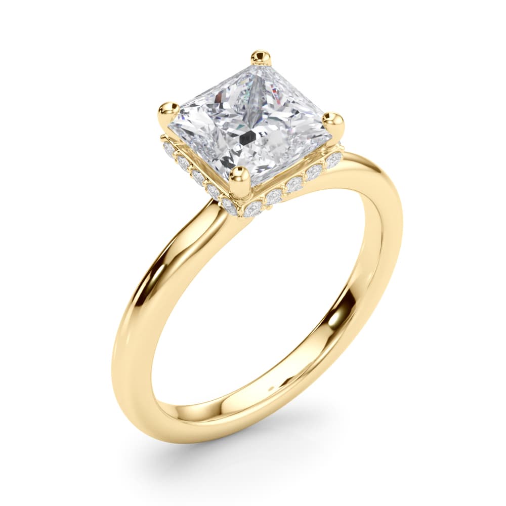 Double Hidden Halo Princess Cut Engagement Ring, style 85452, Angle view in yellow gold