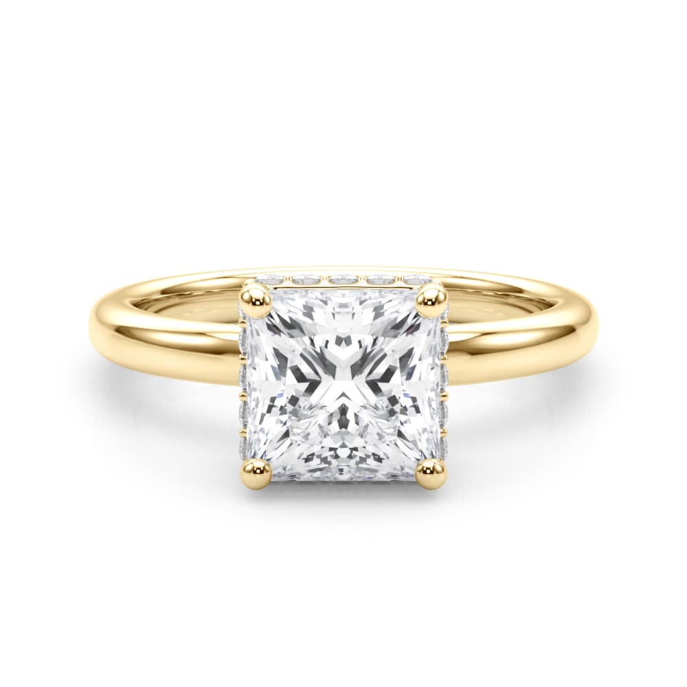 Double Hidden Halo Princess Cut Engagement Ring, style 85452, On hand view in yellow gold