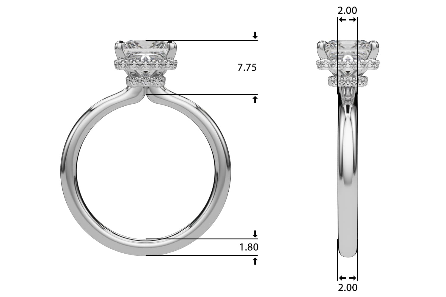 Double Hidden Halo Princess Cut Engagement Ring, style 85452, Top view in white gold or platinum