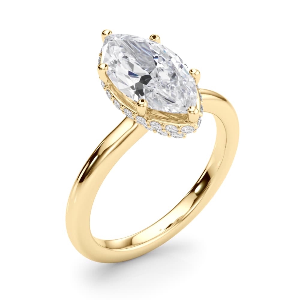 Double Hidden Halo Marquise Engagement Ring, style 85453, Angle view in yellow gold