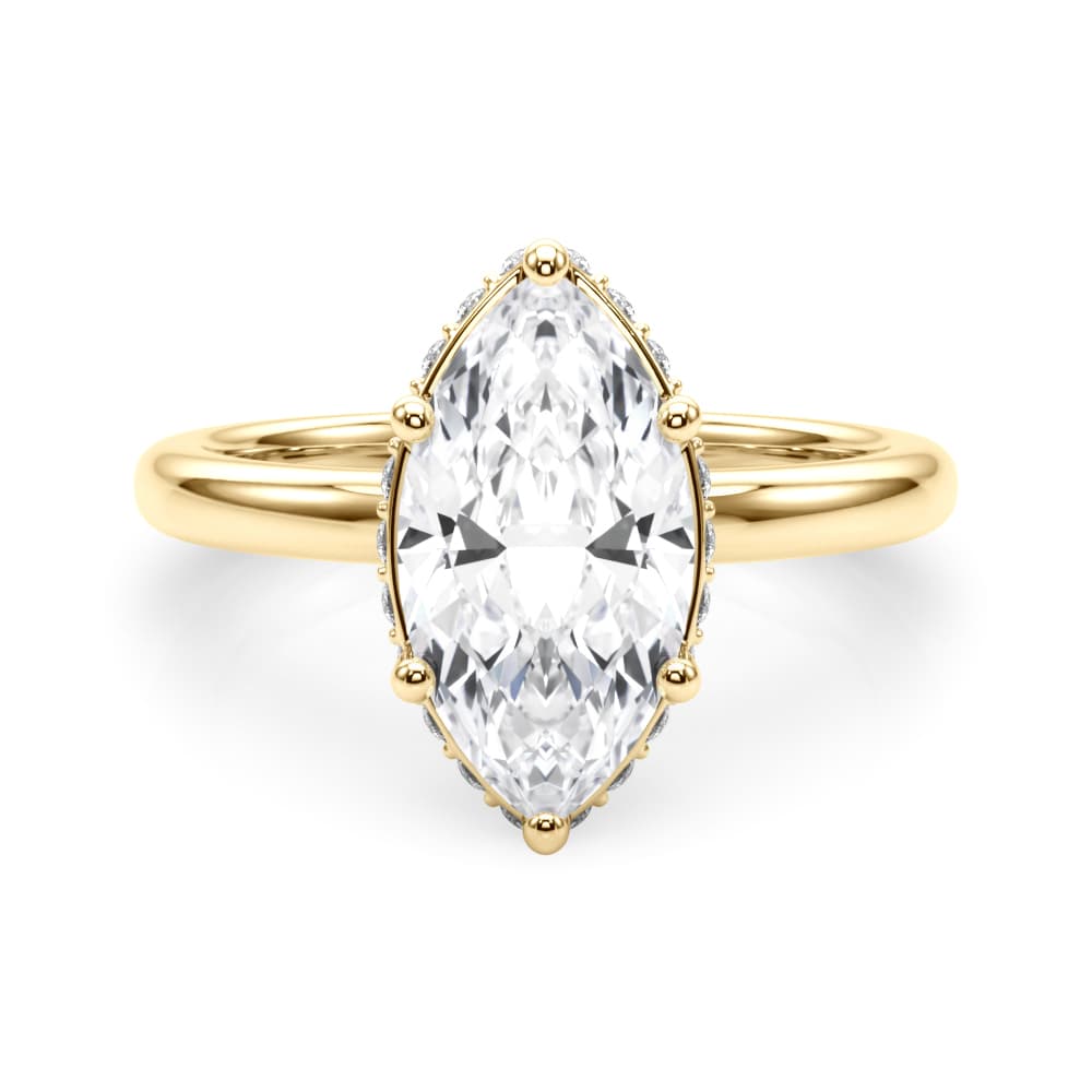 Double Hidden Halo Marquise Engagement Ring, style 85453, On hand view in yellow gold