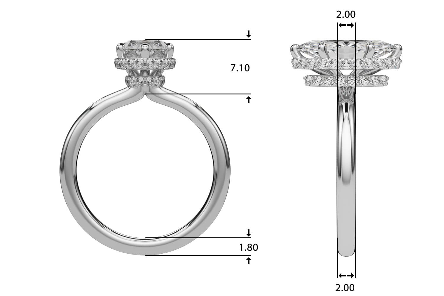 Double Hidden Halo Marquise Engagement Ring, style 85453, Top view in white gold or platinum