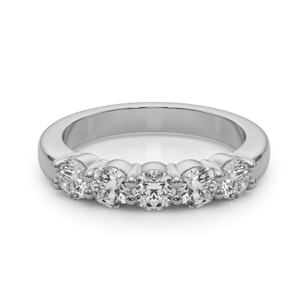 5-Stone Shared Prong Wedding Band (1/2 ct. tw.), On hand view in white gold or platinum