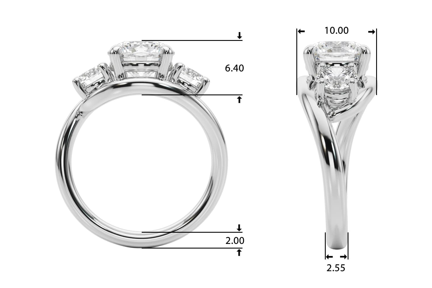 3-Stone Round Engagement Ring, style 85459, Top view in white gold or platinum