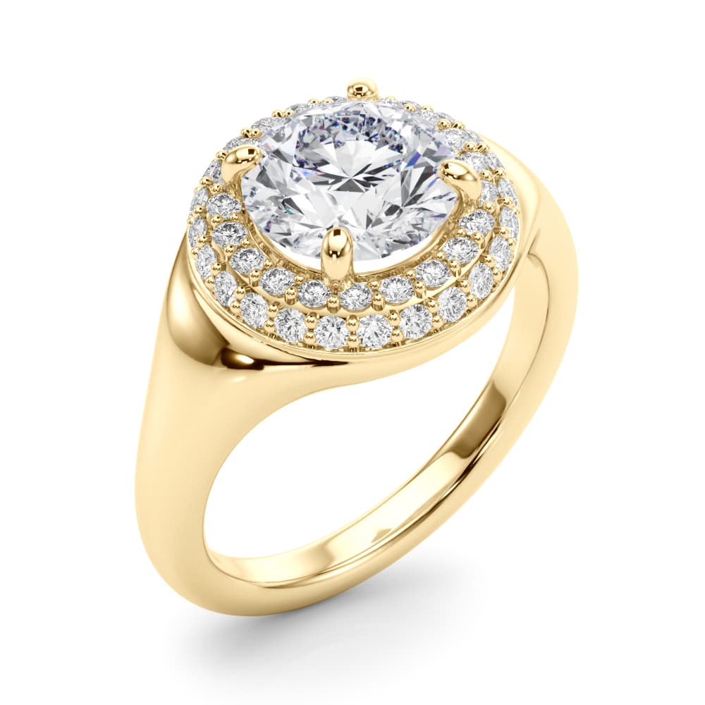 Double Halo Round Engagement Ring, style 85461, Angle view in yellow gold