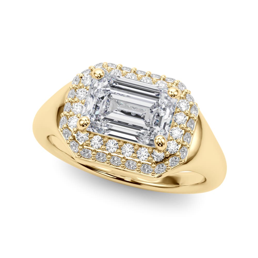 Double Halo Emerald Cut Engagement Ring, style 85462, Front view in yellow gold
