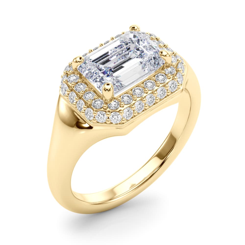Double Halo Emerald Cut Engagement Ring, style 85462, Angle view in yellow gold