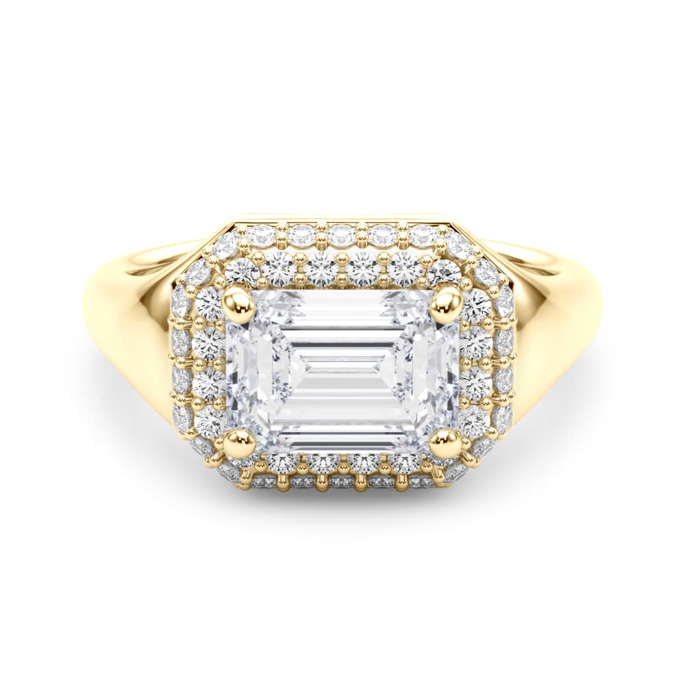 Double Halo Emerald Cut Engagement Ring, style 85462, On hand view in yellow gold