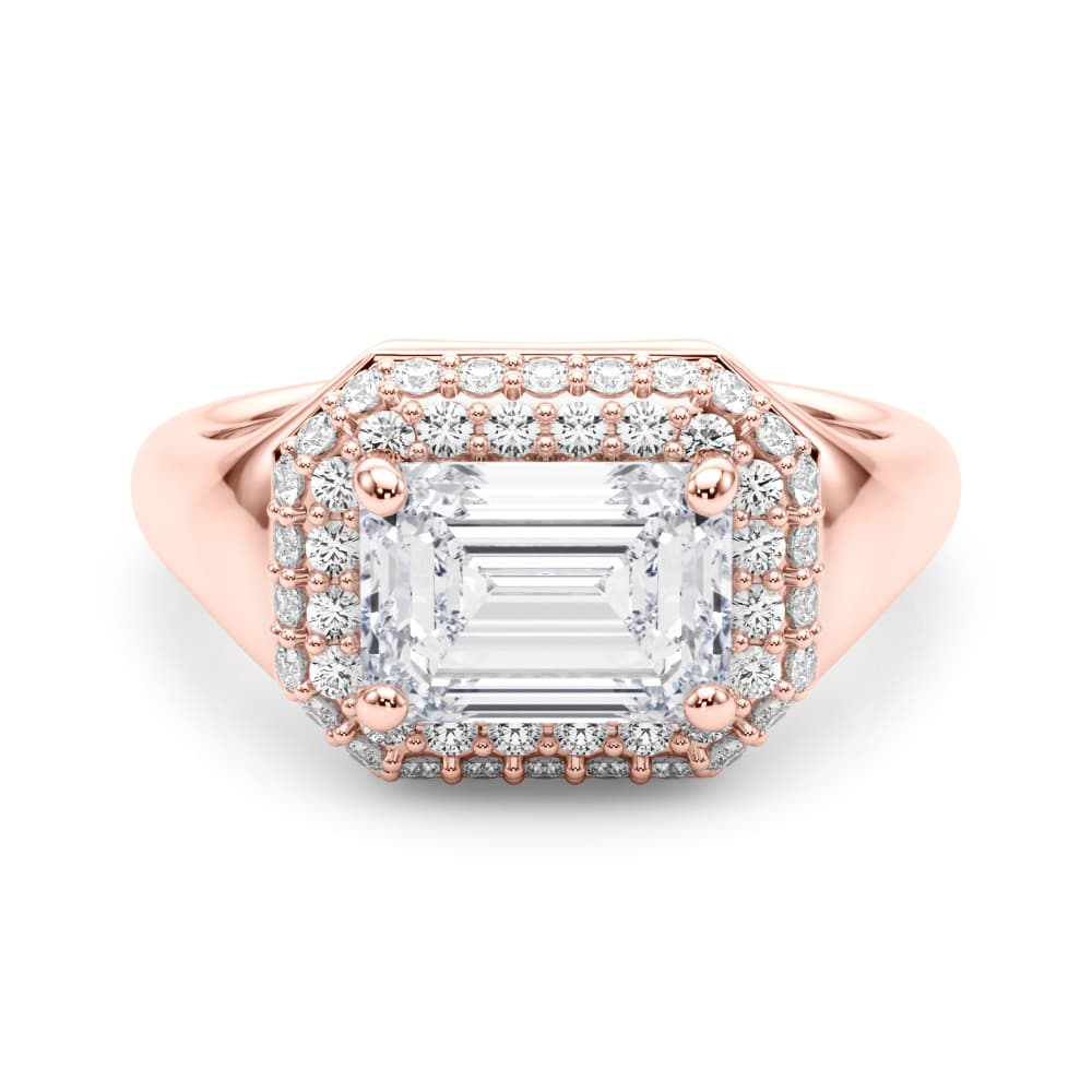 Double Halo Emerald Cut Engagement Ring, style 85462, On hand view in rose gold