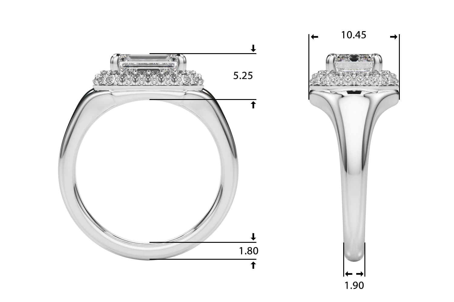 Double Halo Emerald Cut Engagement Ring, style 85462, Top view in white gold or platinum