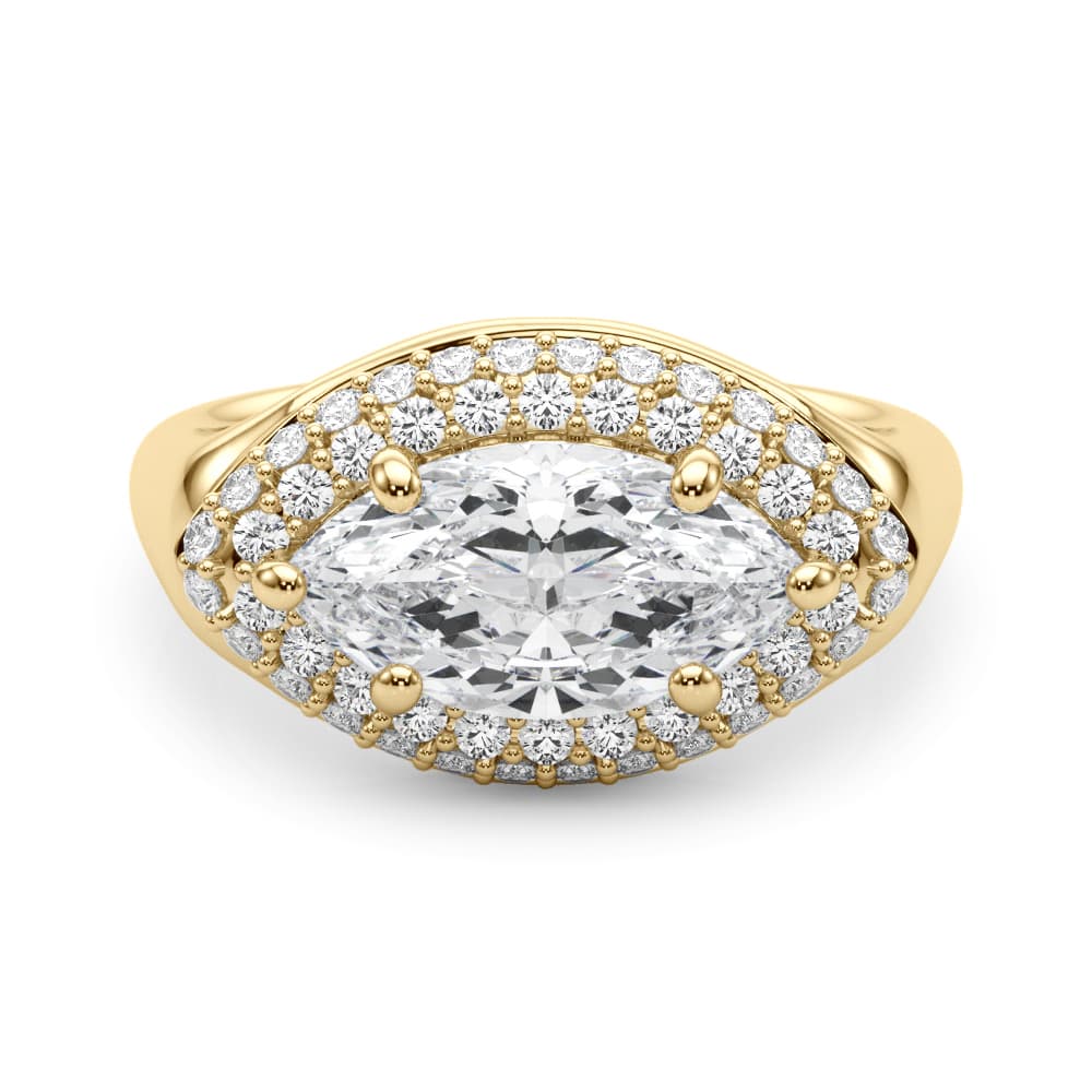 Double Halo Marquise Engagement Ring, style 85463, On hand view in yellow gold