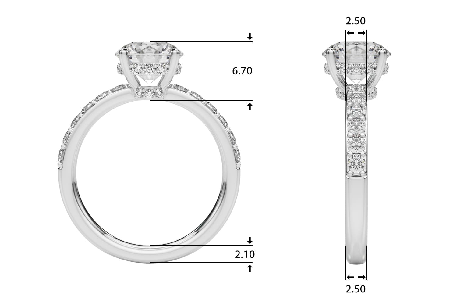 Hidden Halo Round Engagement Ring, style 85464, Top view in white gold or platinum