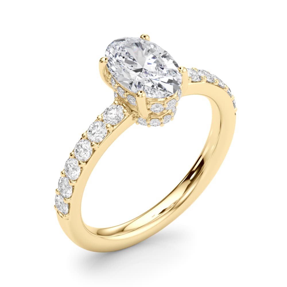 Single Row Prong Set Oval Center Engagement Ring, style 85465, Angle view in yellow gold