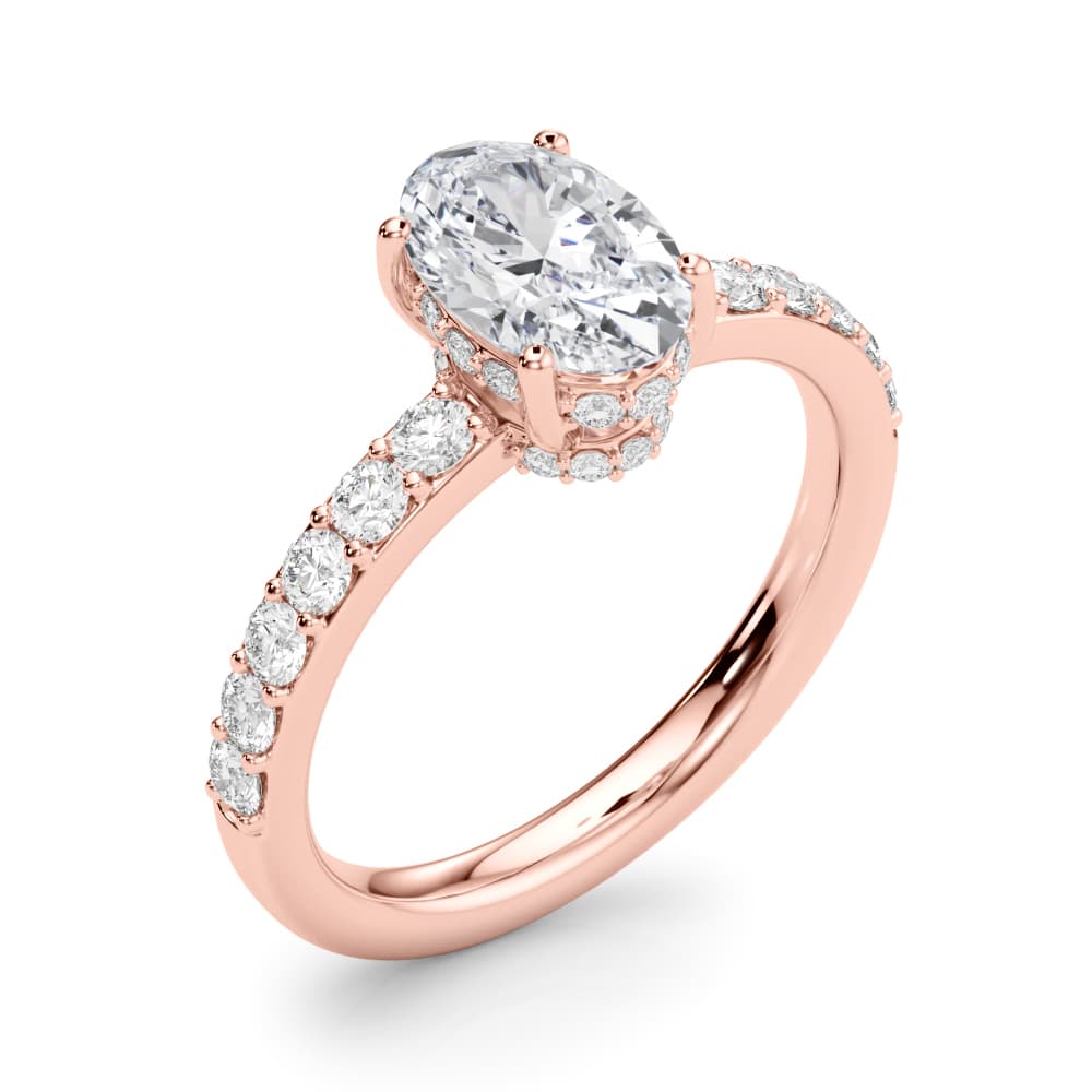 Single Row Prong Set Oval Center Engagement Ring, style 85465, Angle view in rose gold