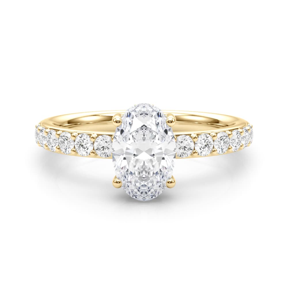 Single Row Prong Set Oval Center Engagement Ring, style 85465, On hand view in yellow gold