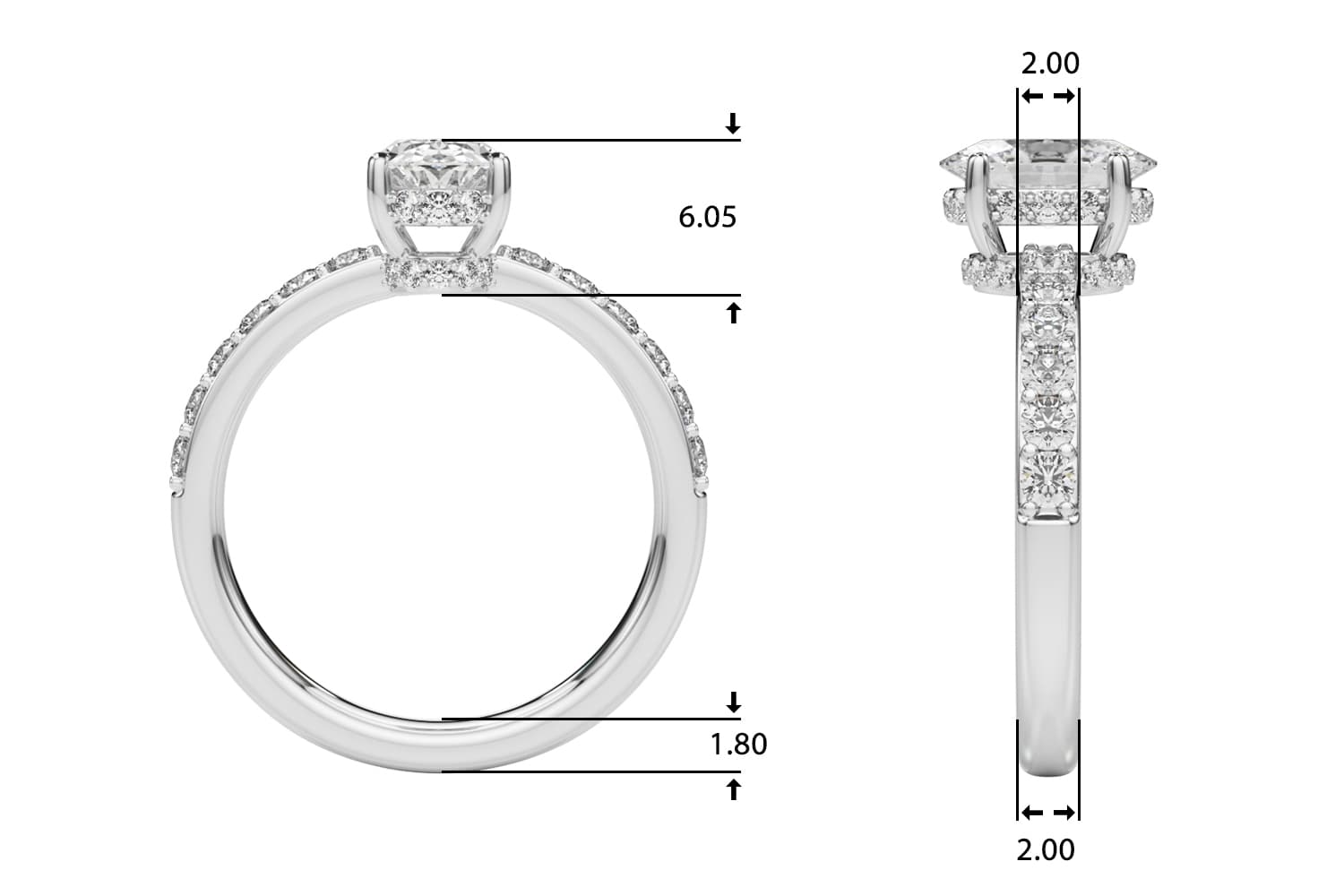 Single Row Prong Set Oval Center Engagement Ring, style 85465, Top view in white gold or platinum