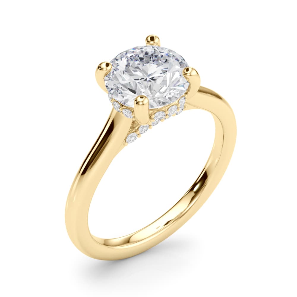 Round Hidden Halo Engagement Ring, style 85467, Angle view in yellow gold