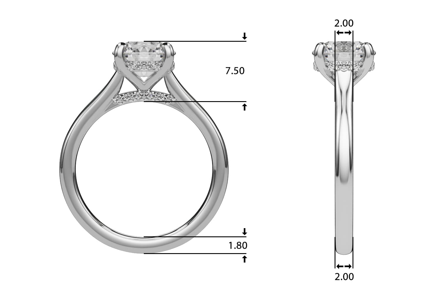 Round Hidden Halo Engagement Ring, style 85467, Top view in white gold or platinum