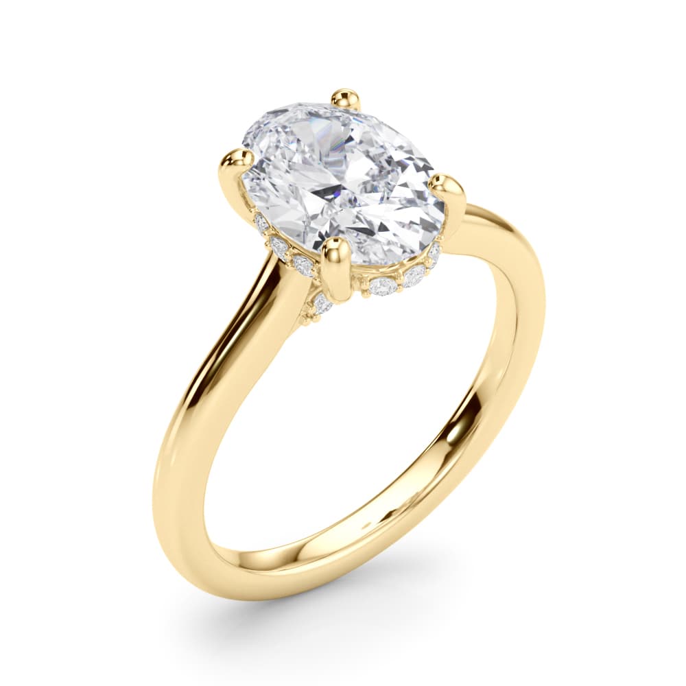 Oval Hidden Halo Engagement Ring, style 85468, Angle view in yellow gold