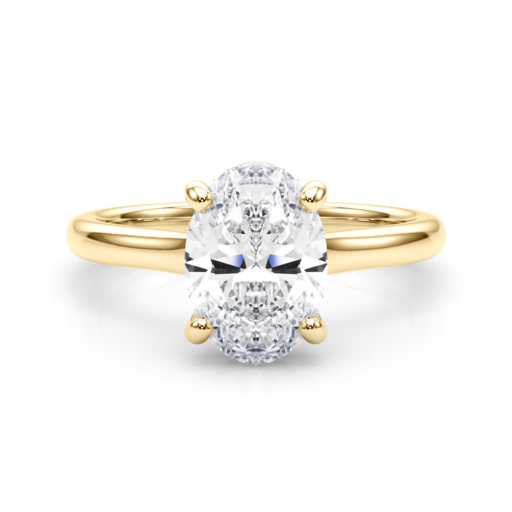 Oval Hidden Halo Engagement Ring, style 85468, On hand view in yellow gold