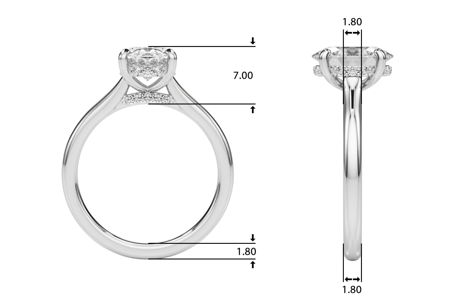 Oval Hidden Halo Engagement Ring, style 85468, Top view in white gold or platinum