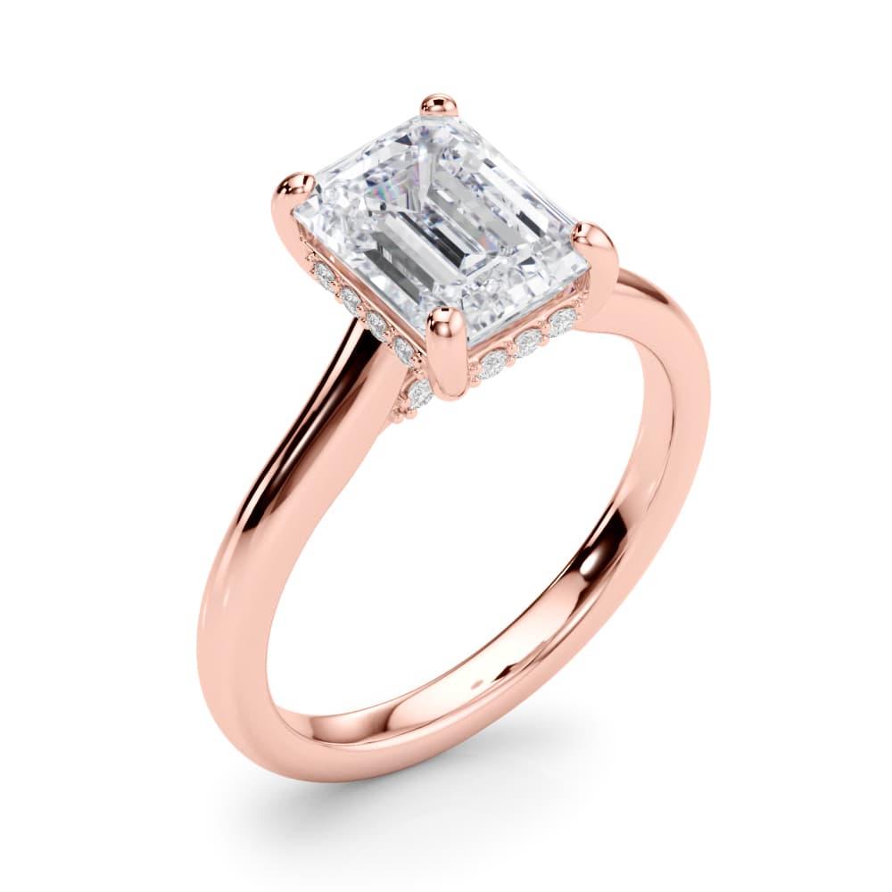 Hidden Halo Emerald Cut Engagement Ring, style 85469, Angle view in rose gold