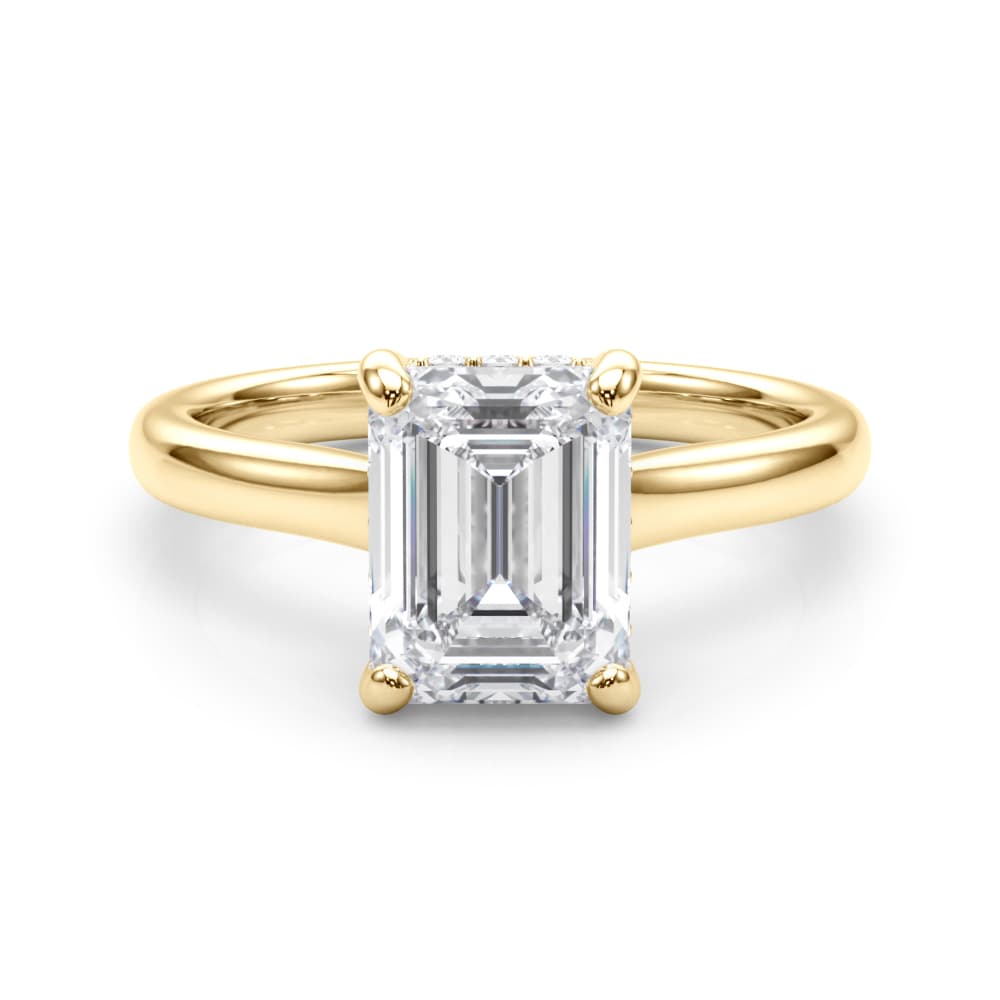 Hidden Halo Emerald Cut Engagement Ring, style 85469, On hand view in yellow gold