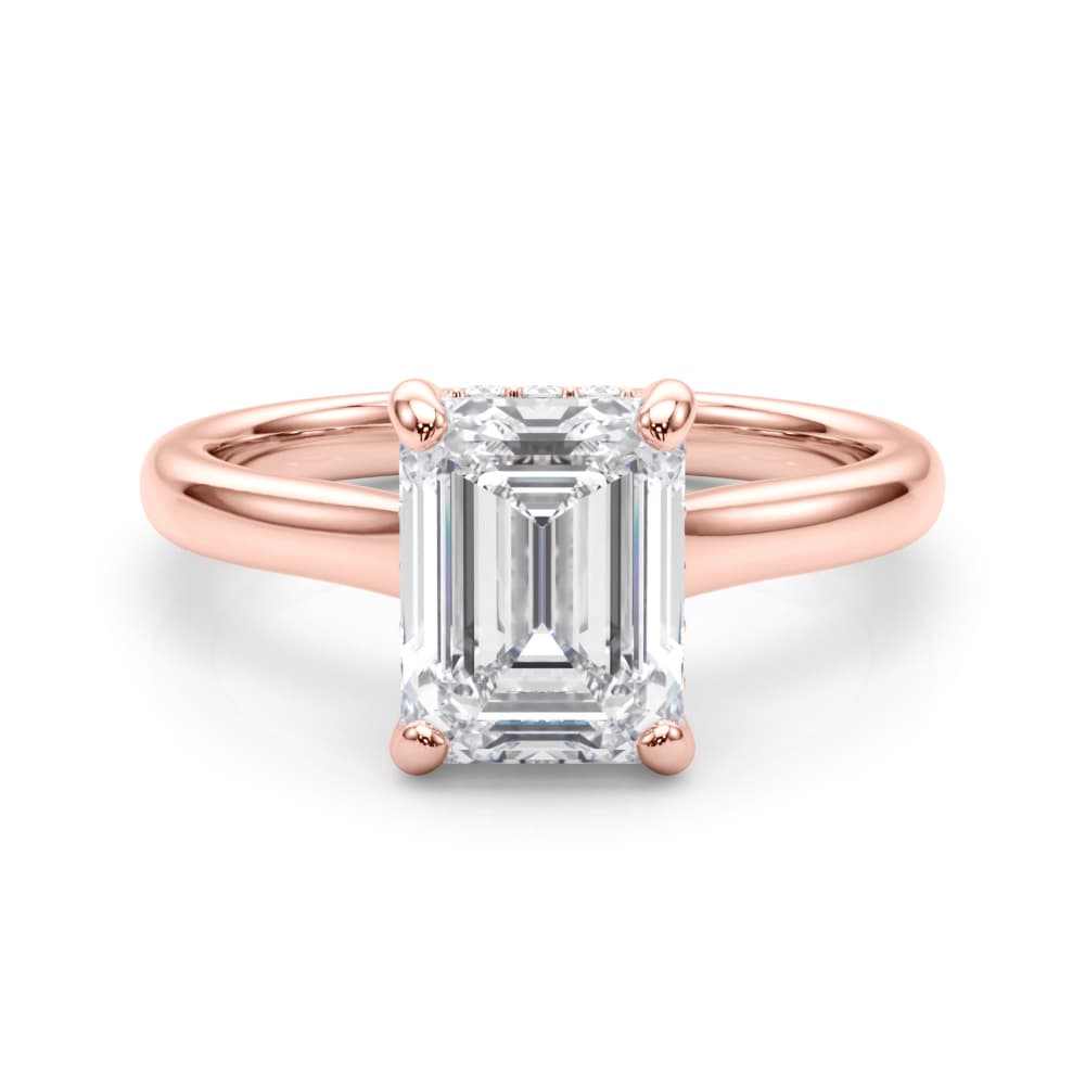 Hidden Halo Emerald Cut Engagement Ring, style 85469, On hand view in rose gold