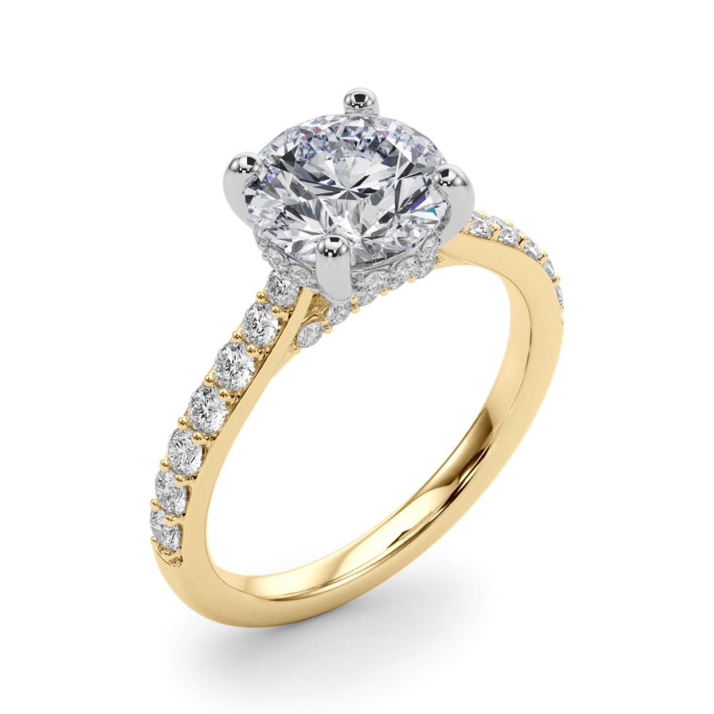 Round Hidden Halo Engagement Ring, style 85474, Angle view in yellow gold