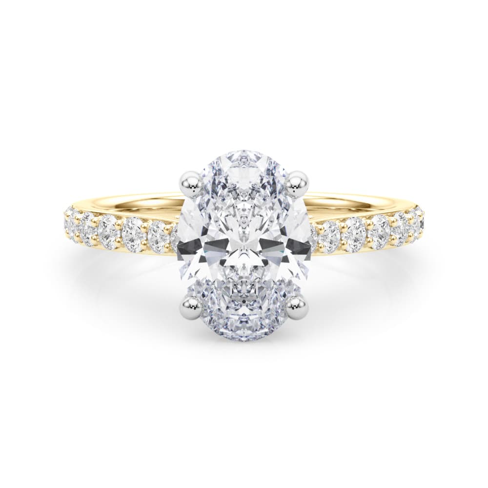 Hidden Halo Oval Engagement Ring, style 85475, On hand view in yellow gold