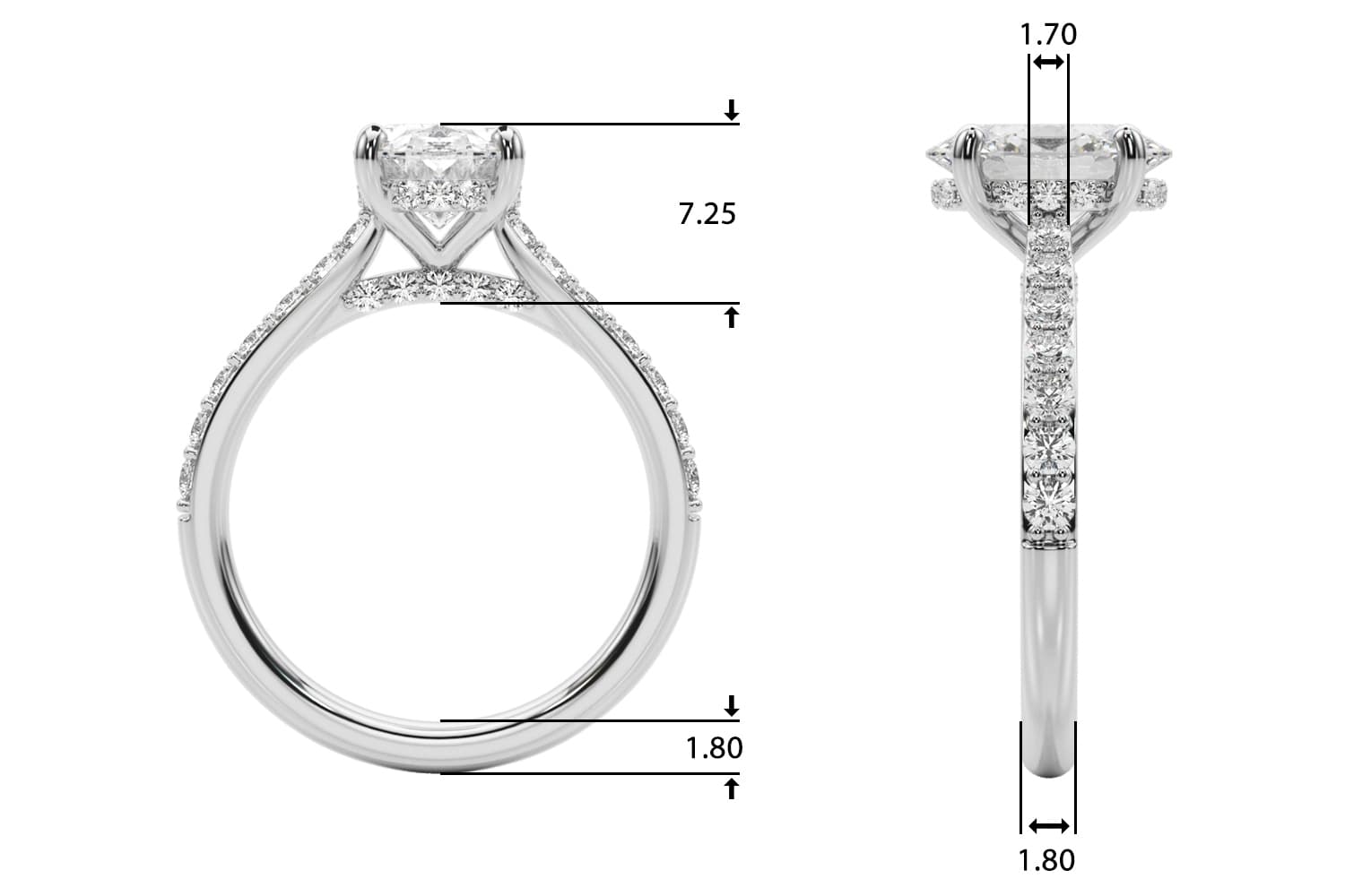 Hidden Halo Oval Engagement Ring, style 85475, Top view in white gold or platinum