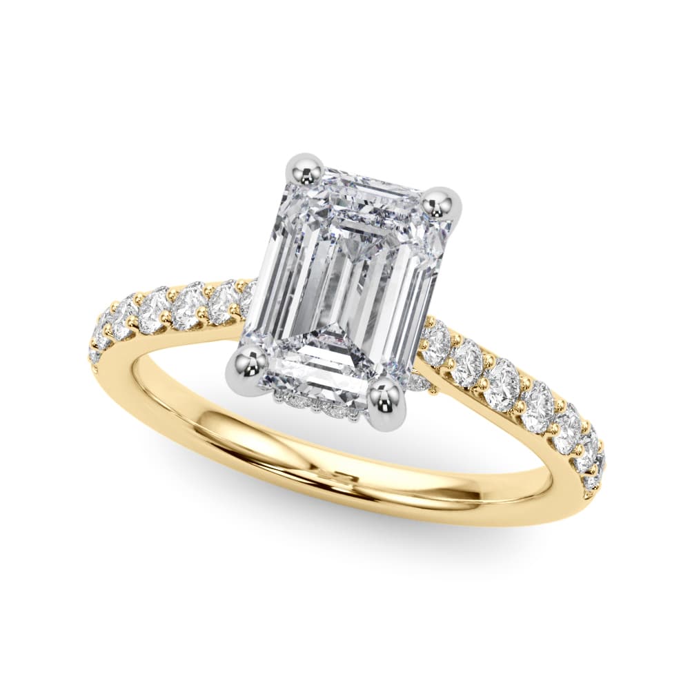Prong Set Emerald Cut Hidden Halo Engagement Ring, style 85476, Front view in yellow gold