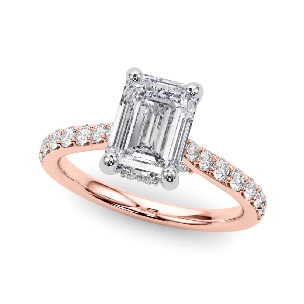 Prong Set Emerald Cut Hidden Halo Engagement Ring, style 85476, Front view in rose gold