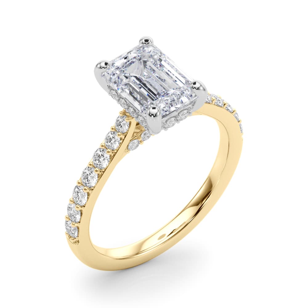 Prong Set Emerald Cut Hidden Halo Engagement Ring, style 85476, Angle view in yellow gold