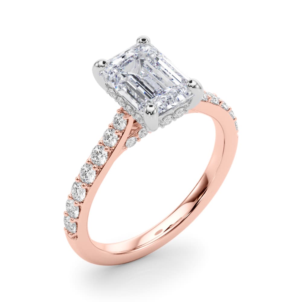 Prong Set Emerald Cut Hidden Halo Engagement Ring, style 85476, Angle view in rose gold