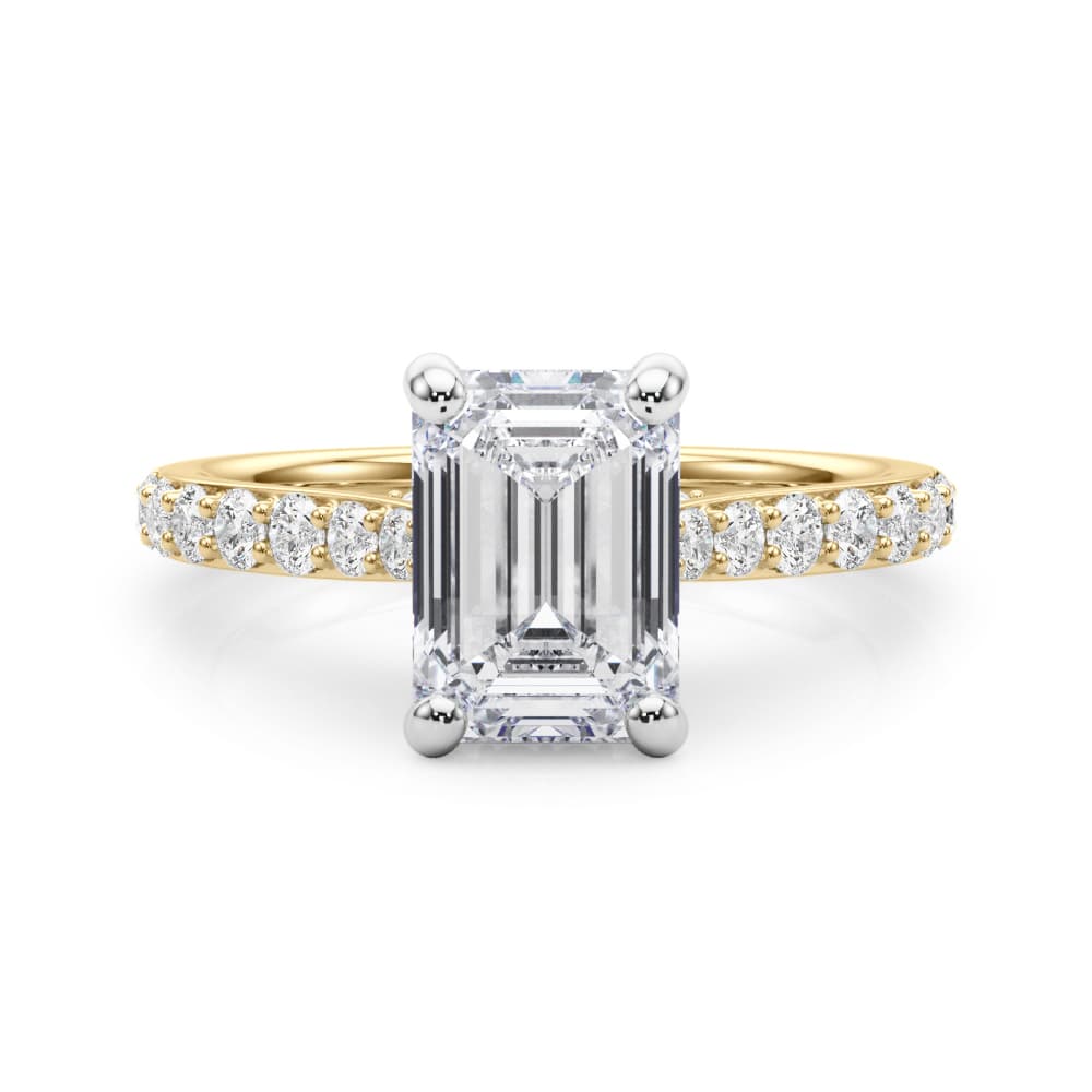 Prong Set Emerald Cut Hidden Halo Engagement Ring, style 85476, On hand view in yellow gold