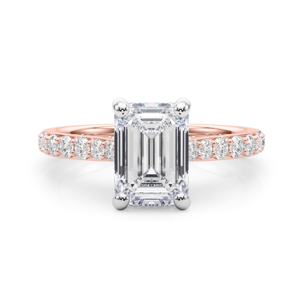 Prong Set Emerald Cut Hidden Halo Engagement Ring, style 85476, On hand view in rose gold