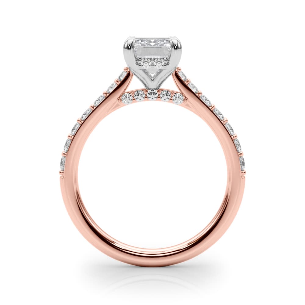 Prong Set Emerald Cut Hidden Halo Engagement Ring, style 85476, Side view in rose gold