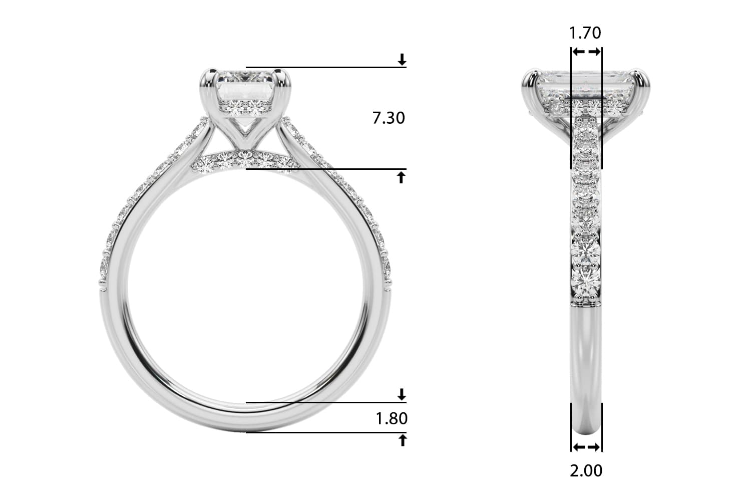 Prong Set Emerald Cut Hidden Halo Engagement Ring, style 85476, Top view in white gold or platinum
