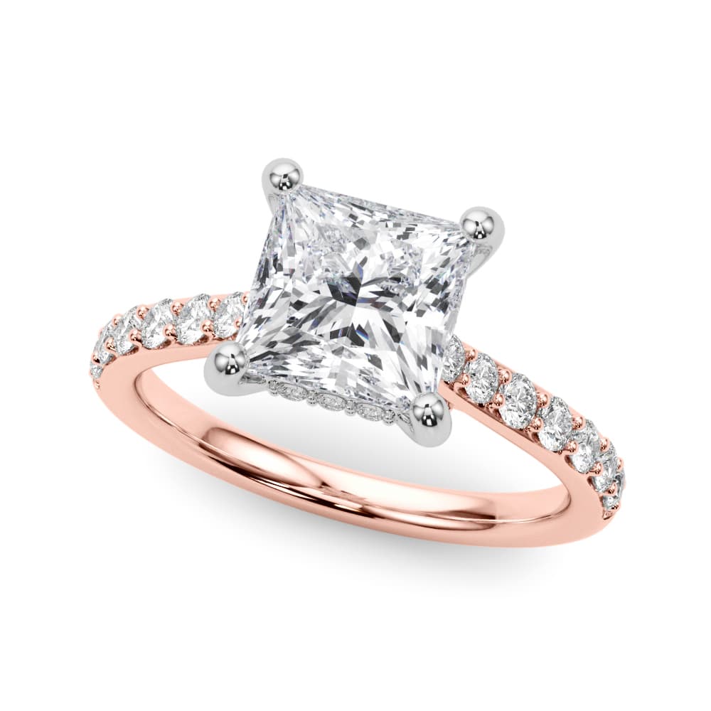 Princess Cut Hidden Halo Engagement Ring, style 85477, Front view in rose gold