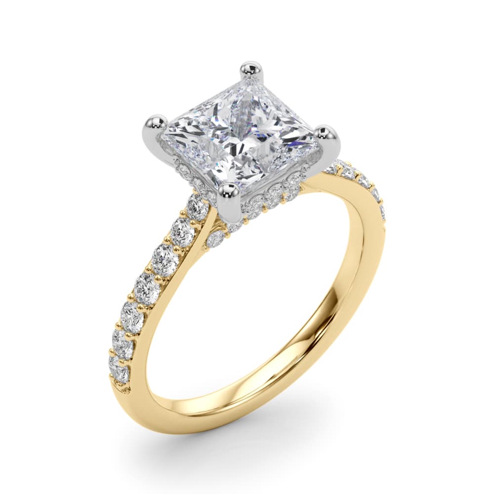 Princess Cut Hidden Halo Engagement Ring, style 85477, Angle view in yellow gold