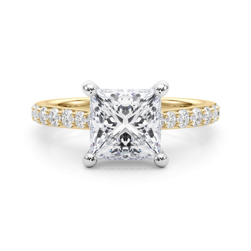 Princess Cut Hidden Halo Engagement Ring, style 85477, On hand view in yellow gold