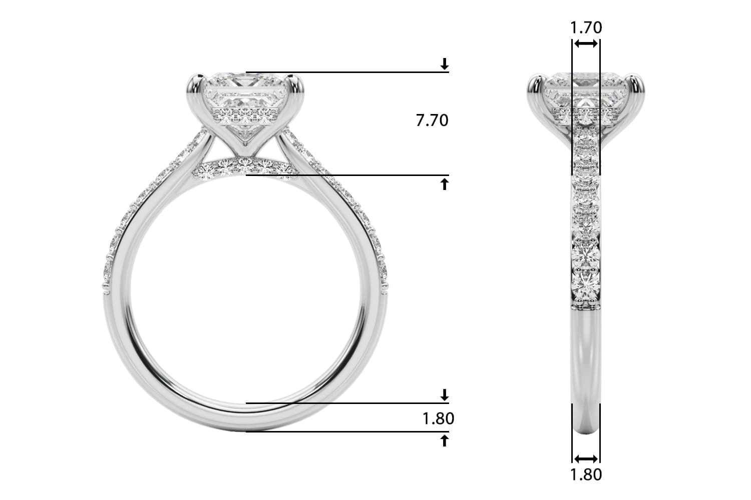 Princess Cut Hidden Halo Engagement Ring, style 85477, Top view in white gold or platinum