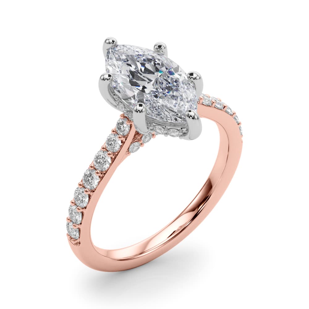 Hidden Halo Marquise Engagement Ring, style 85479, Angle view in rose gold