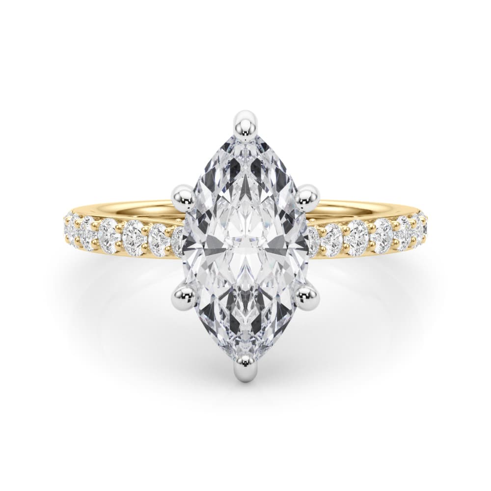 Hidden Halo Marquise Engagement Ring, style 85479, On hand view in yellow gold