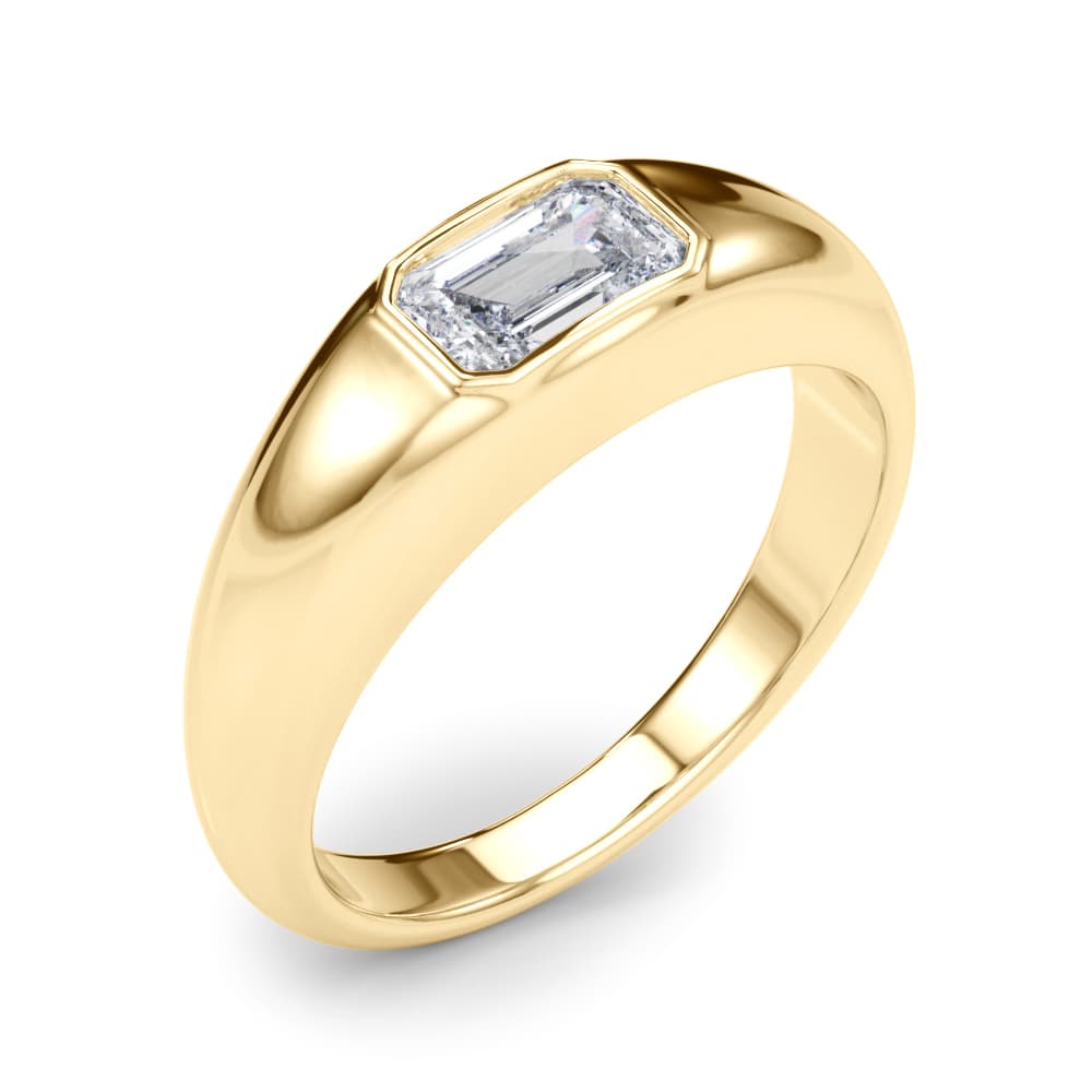 Modern Emerald Cut Bezel Set Engagement Ring, style 85481, Angle view in yellow gold