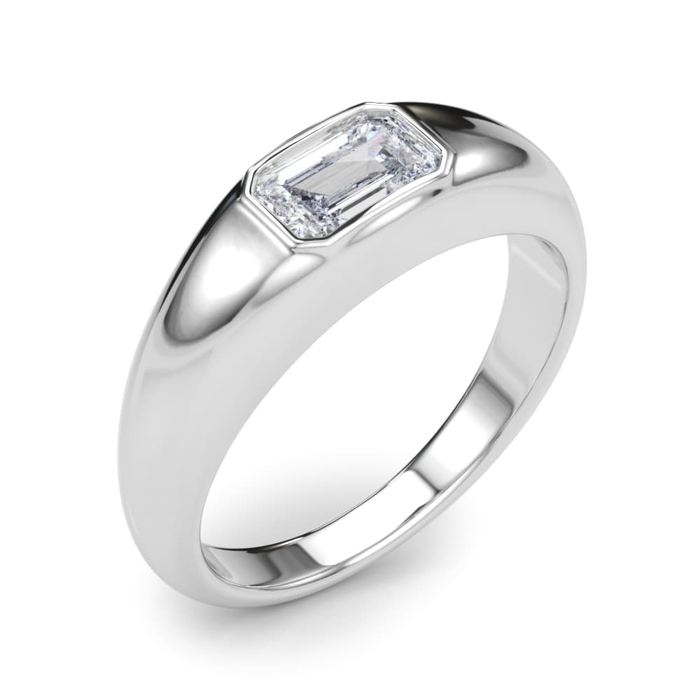 Modern Emerald Cut Bezel Set Engagement Ring, style 85481, Angle view in white gold or platinum