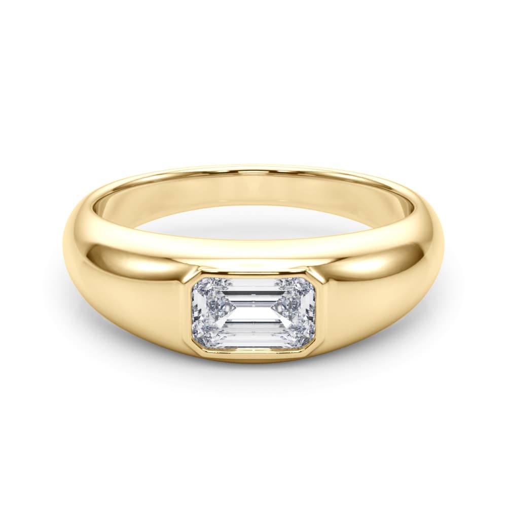 Modern Emerald Cut Bezel Set Engagement Ring, style 85481, On hand view in yellow gold