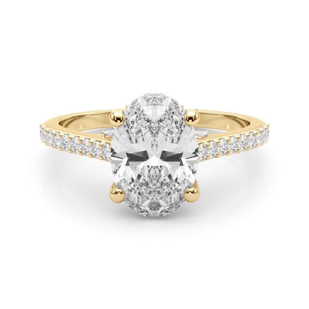 Accented Trellis Oval Engagement Ring, style 85482, On hand view in yellow gold