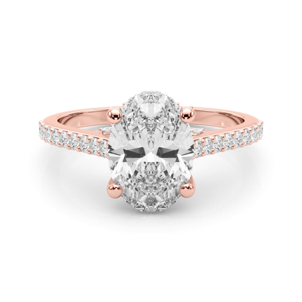 Accented Trellis Oval Engagement Ring, style 85482, On hand view in rose gold